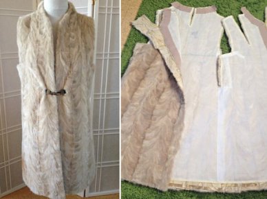Nerzpfotenmantel umgearbeitet in ein langes, leicht-tailliertes Gilet mit einem vorzüglichen Messing- Leder-Verschluss