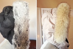 Dunkelgraue Kapuze mit Bordure aus Rex-Kanin // Weisse Kapuze mit Bordure aus Polarfuchs